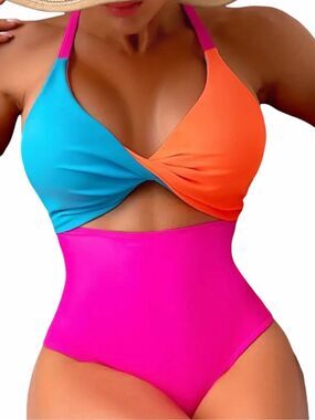 Colorblock Twist Front Cutout One-Piece Swimsuit Pink Orange Blue Large